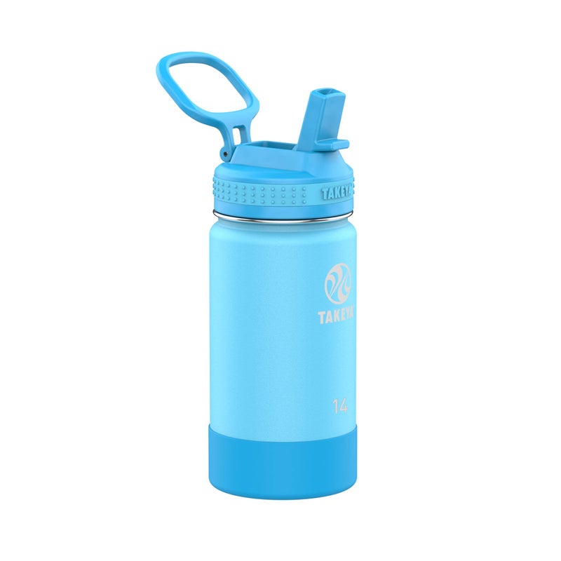 Takeya Actives Kids Water Bottle with Straw Lid  StainlessSteel Double Wall Insulation  BPAFree Bottle Lid with Carry Handle  Reusable Bottle with Straw Lid  14 oz Atlantic Blue
