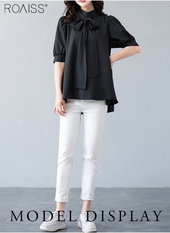 roaiss Fashionable And Elegant Short-Sleeved Shirt For Women Versatile Daily Commuting Bow Ribbon Tie Stand-Up Collar Pullover  - Image 5