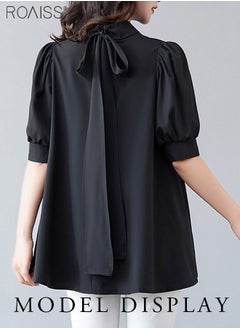 roaiss Fashionable And Elegant Short-Sleeved Shirt For Women Versatile Daily Commuting Bow Ribbon Tie Stand-Up Collar Pullover  - Image 3