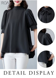roaiss Fashionable And Elegant Short-Sleeved Shirt For Women Versatile Daily Commuting Bow Ribbon Tie Stand-Up Collar Pullover  - Image 4