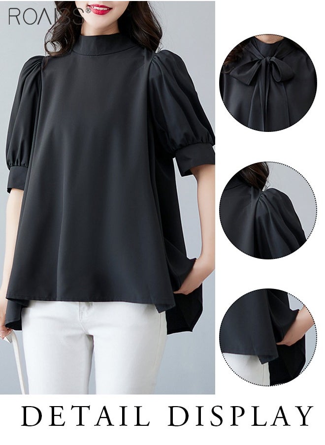 roaiss Fashionable And Elegant Short-Sleeved Shirt For Women Versatile Daily Commuting Bow Ribbon Tie Stand-Up Collar Pullover  - Image 4