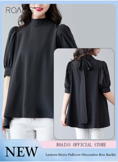 roaiss Fashionable And Elegant Short-Sleeved Shirt For Women Versatile Daily Commuting Bow Ribbon Tie Stand-Up Collar Pullover  - Image 2