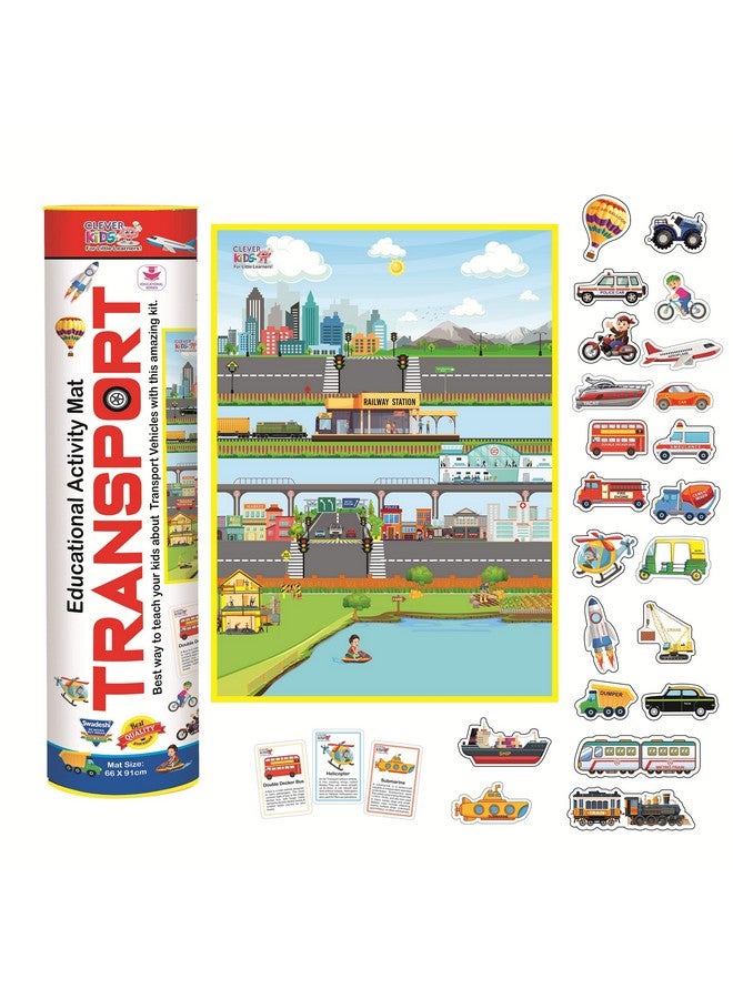 RATNA'S Clever Kids Educational Transport Activity Mat (91 cms X 66 cms Jumbo Mat) with 12 Both Sides Printed Flash Cards & 22 Transport Vehicle eva Cutouts with Velcro. - Image 1