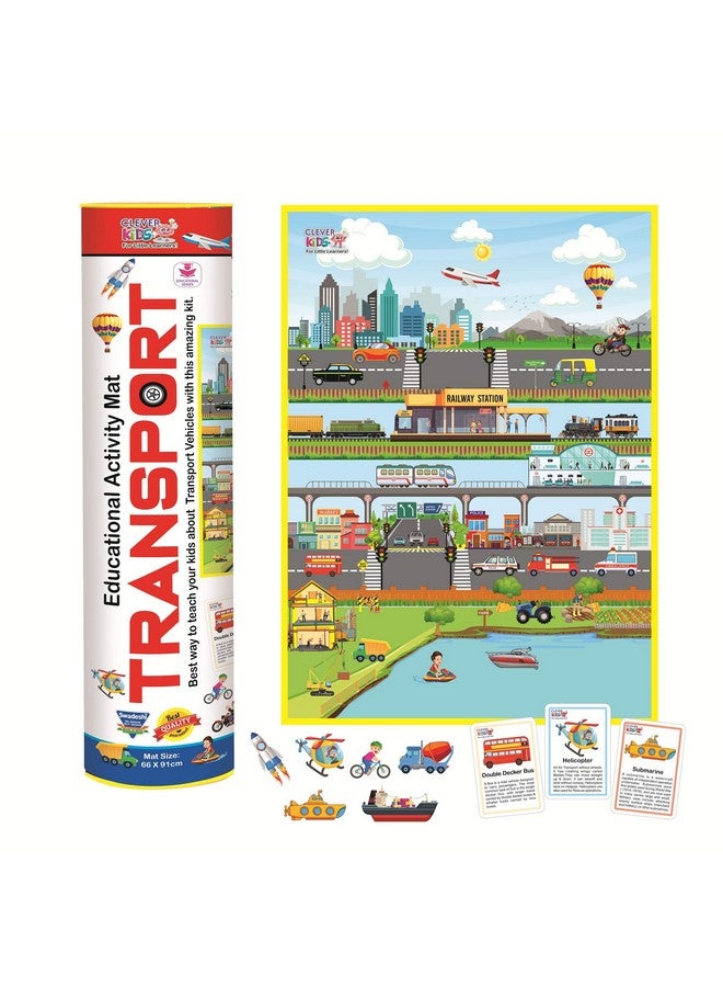 RATNA'S Clever Kids Educational Transport Activity Mat (91 cms X 66 cms Jumbo Mat) with 12 Both Sides Printed Flash Cards & 22 Transport Vehicle eva Cutouts with Velcro. - Image 2