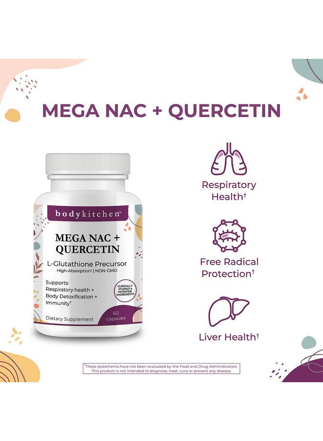 Body Kitchen بودي كيتشن ميغا NAC (N-أسيتيل سيستين) 600 ملغ مع كيرسيتين، يدعم صحة الجهاز التنفسي ووظيفة المناعة ويعزز إزالة السموم من الكبد والكلى، كبسولات نباتية، (عبوة من 1) - Image 3