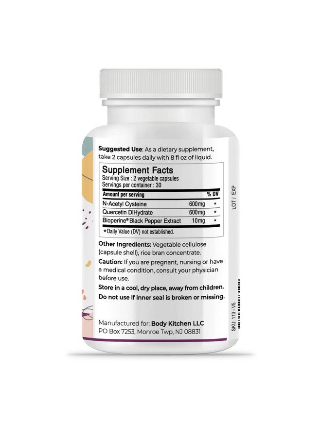 Body Kitchen بودي كيتشن ميغا NAC (N-أسيتيل سيستين) 600 ملغ مع كيرسيتين، يدعم صحة الجهاز التنفسي ووظيفة المناعة ويعزز إزالة السموم من الكبد والكلى، كبسولات نباتية، (عبوة من 1) - Image 2