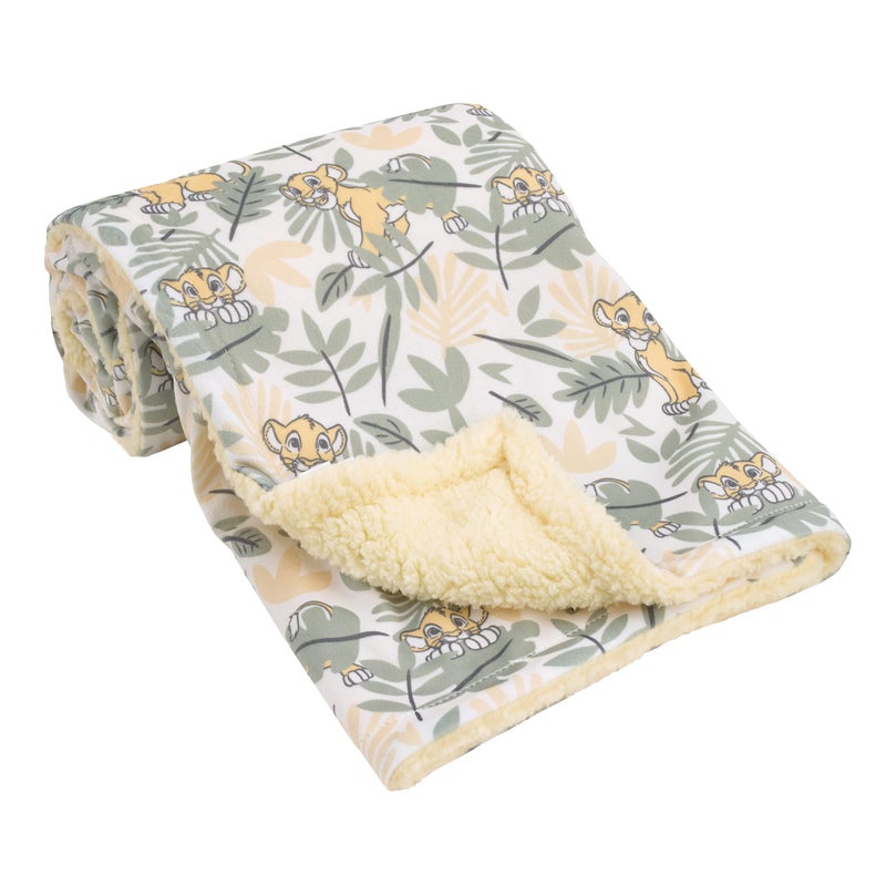 Disney Lion King Simba Yellow, Green, and White Jungle Leaves Super Soft Baby Blanket with Sherpa Back - Image 1