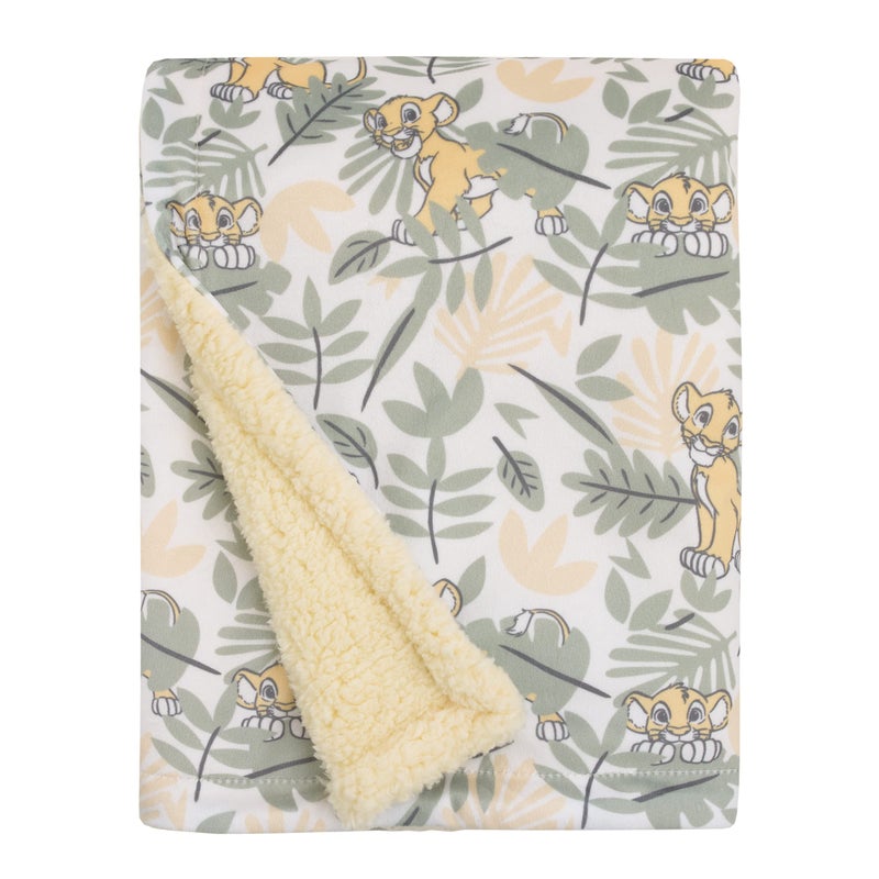Disney Lion King Simba Yellow, Green, and White Jungle Leaves Super Soft Baby Blanket with Sherpa Back - Image 2