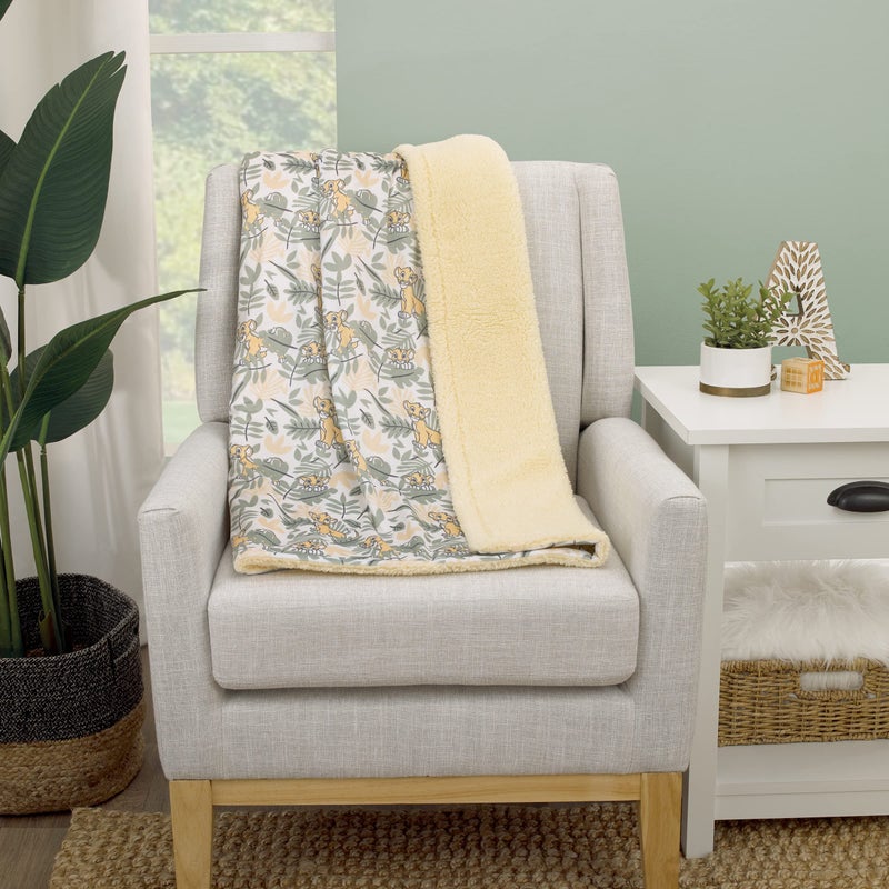 Disney Lion King Simba Yellow, Green, and White Jungle Leaves Super Soft Baby Blanket with Sherpa Back - Image 4