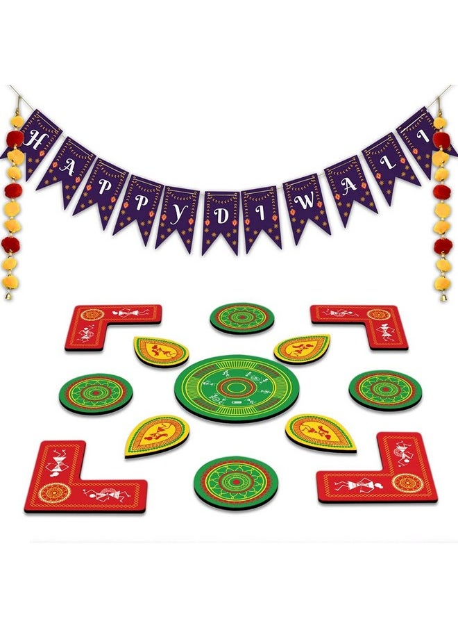 Indigifts Indigifts Diwali Door Decoration Items for Home Door Hanging Toran - Happy Diwali Banner and 13 Piece Rearrangeable Diwali Rangoli - Diwali Decor, Diwali Floor Decoration Items for Home  - Image 1