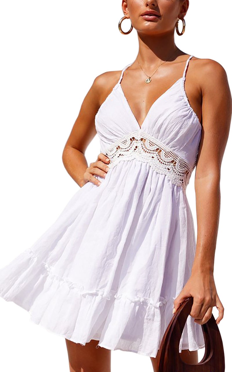 ECOWISH Womens V-Neck Spaghetti Strap Bowknot Backless Sleeveless Lace Mini Swing Skater Dress White 2 Small - Image 1