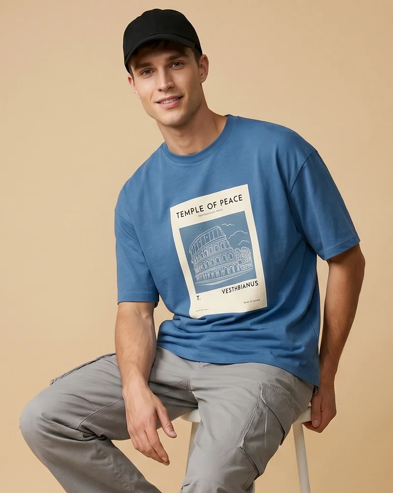 Nobero  Men's Blue Cotton Oversized T-Shirt for Men | Best Price UAE
