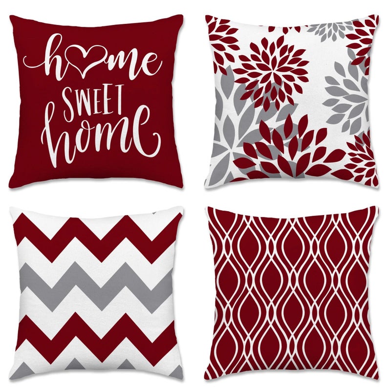 Hexagram Geometric Burgundy Pillow Covers 18x18 Set of 4, Decorative Outdoor Boho Modern Throw Pillow Covers, Home Sweet Home Farmhouse Cushion Case for Couch Sofa Bedroom Indoor Decor(No Insert) - Image 1