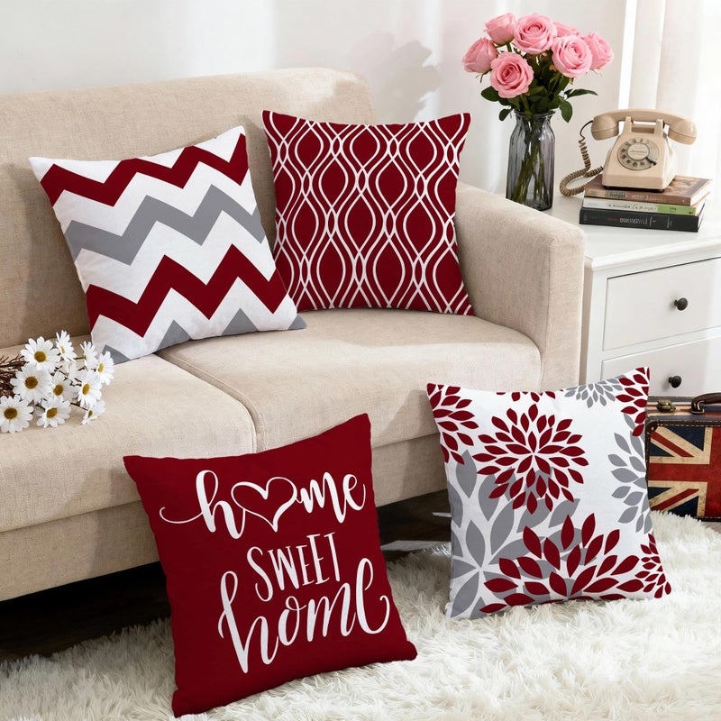 Hexagram Geometric Burgundy Pillow Covers 18x18 Set of 4, Decorative Outdoor Boho Modern Throw Pillow Covers, Home Sweet Home Farmhouse Cushion Case for Couch Sofa Bedroom Indoor Decor(No Insert) - Image 5