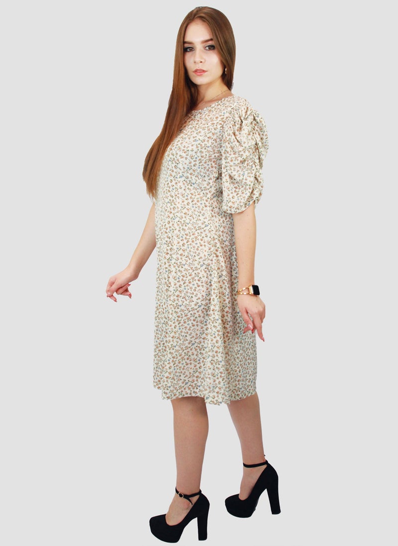 Kidwala Women'S Short Floral Print Dress, Puff Sleeves Off White Dress, Elbow Sleeve Length, Tear Drop String Back Neckline With Front Round Neckline, Evening Ladies Dress - Image 3