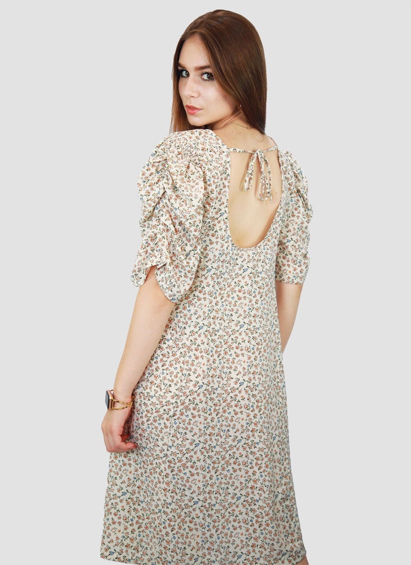 Kidwala Women'S Short Floral Print Dress, Puff Sleeves Off White Dress, Elbow Sleeve Length, Tear Drop String Back Neckline With Front Round Neckline, Evening Ladies Dress - Image 1