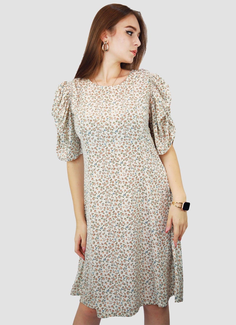 Kidwala Women'S Short Floral Print Dress, Puff Sleeves Off White Dress, Elbow Sleeve Length, Tear Drop String Back Neckline With Front Round Neckline, Evening Ladies Dress - Image 4