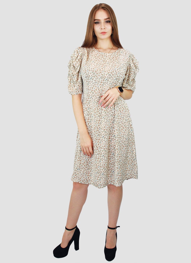 Kidwala Women'S Short Floral Print Dress, Puff Sleeves Off White Dress, Elbow Sleeve Length, Tear Drop String Back Neckline With Front Round Neckline, Evening Ladies Dress - Image 5