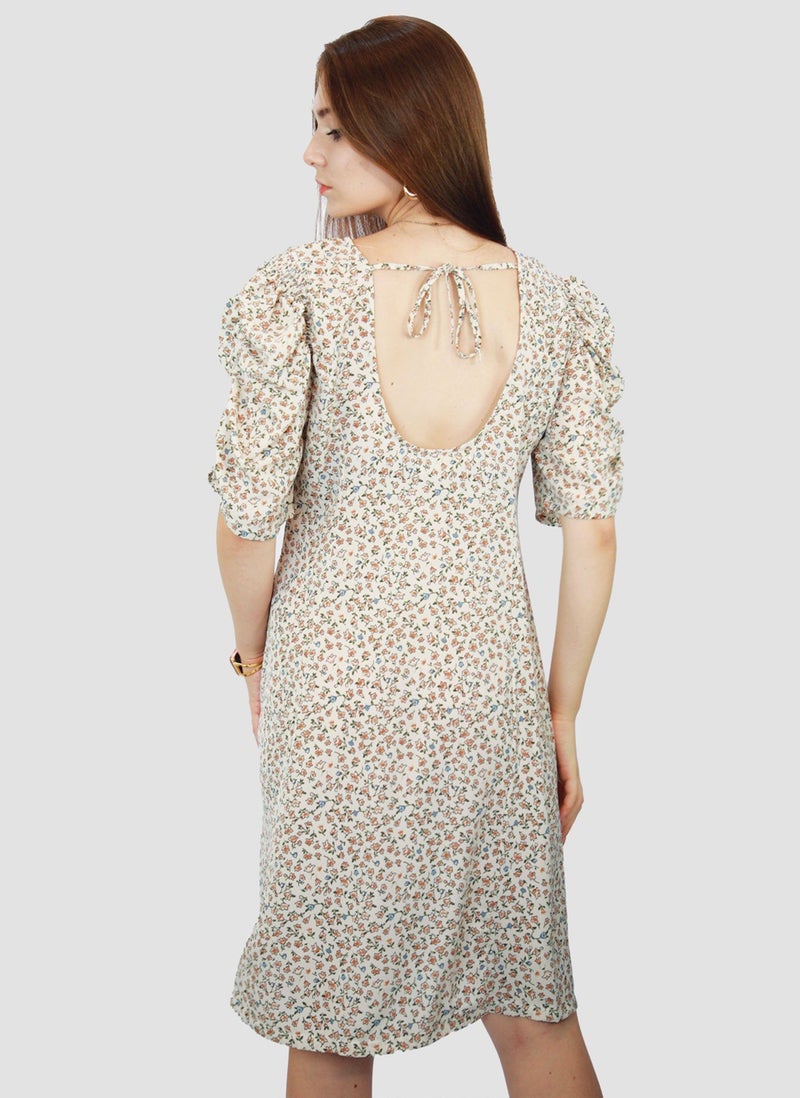 Kidwala Women'S Short Floral Print Dress, Puff Sleeves Off White Dress, Elbow Sleeve Length, Tear Drop String Back Neckline With Front Round Neckline, Evening Ladies Dress - Image 2