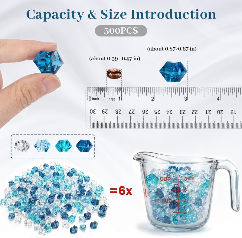 DomeStar 500PCS(2Lb) Blue Fake Ice Rocks,Assorted Acrylic Ice Rocks Blue Fake Crushed Ice Vase Fillers Glass Beads for Vases Table Scatter Decoration, Blue, Sky Blue, Cerulean Blue and Transparent - Image 2