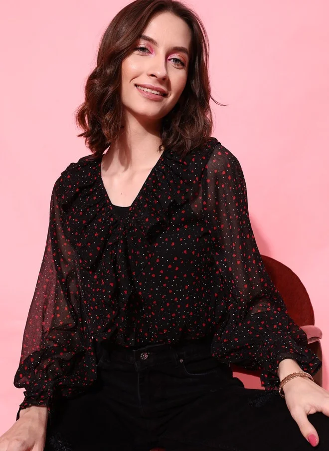 STREET 9 Classy Black Geometric Top for Women