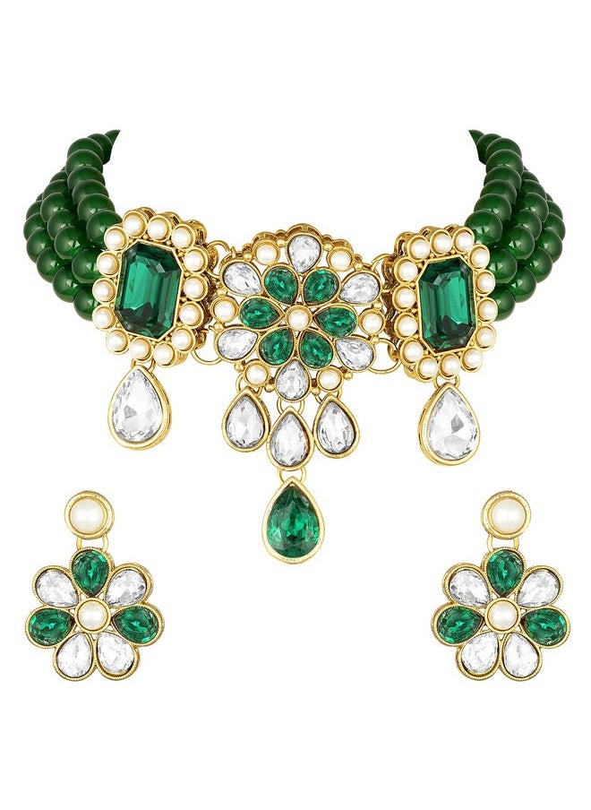 Aheli Faux Kundan Pearl Choker Necklace With Earrings Indian Traditional Bollywood Jewelry Set For Women Girls  - Image 1
