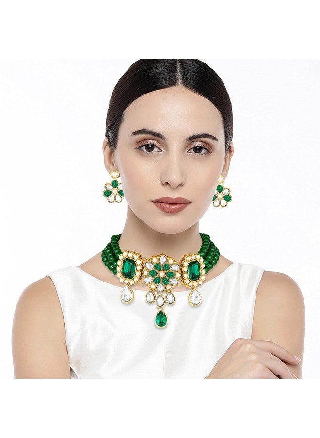 Aheli Faux Kundan Pearl Choker Necklace With Earrings Indian Traditional Bollywood Jewelry Set For Women Girls  - Image 3