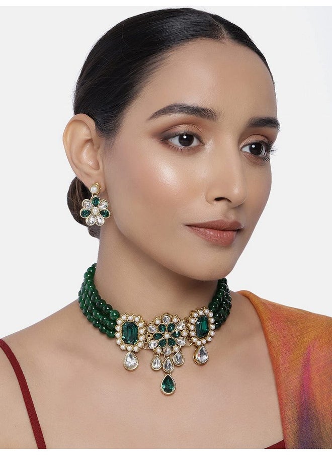 Aheli Faux Kundan Pearl Choker Necklace With Earrings Indian Traditional Bollywood Jewelry Set For Women Girls  - Image 2