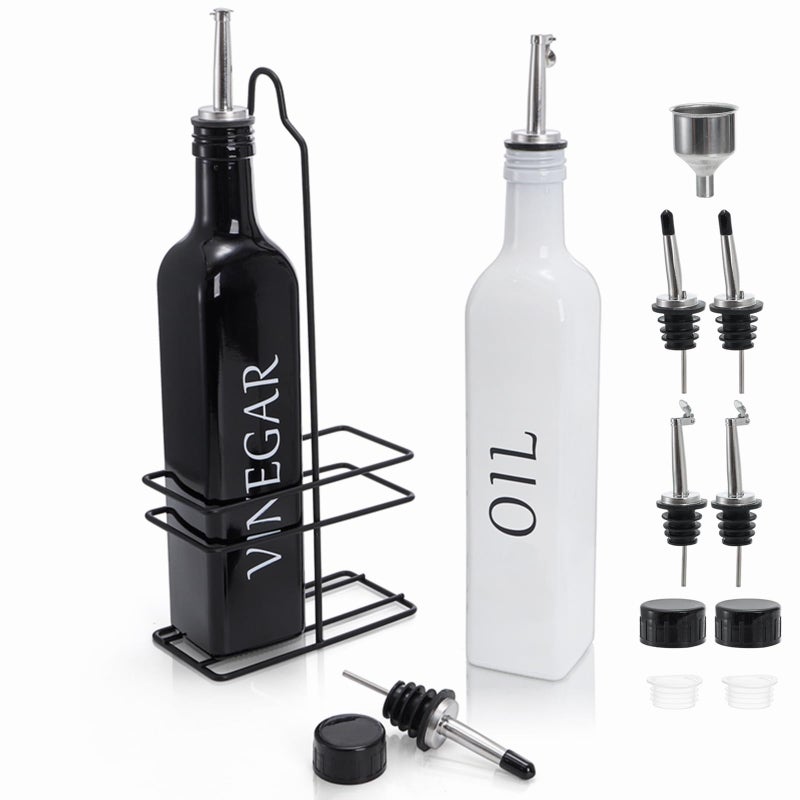Tebery 2 Pack Oil and Vinegar Dispenser Set with Caddy Holder 17oz Black  White Olive Oil Dispenser Bottle Cute Modern Vintage Glass Cruet for Kitchen