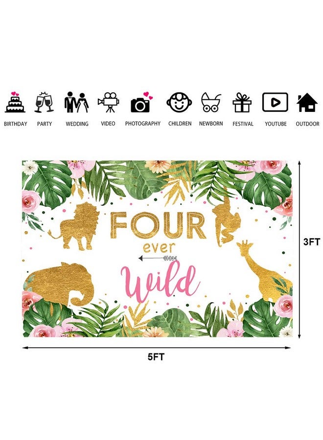 Lofaris Girl Four Ever Wild Backdrop Safari Animals 4Th Birthday Background Jungle Floral Little Princess Birthday Party Decorations Cake Table Banner 5X3Ft - Image 5
