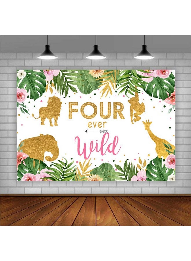 Lofaris Girl Four Ever Wild Backdrop Safari Animals 4Th Birthday Background Jungle Floral Little Princess Birthday Party Decorations Cake Table Banner 5X3Ft - Image 2