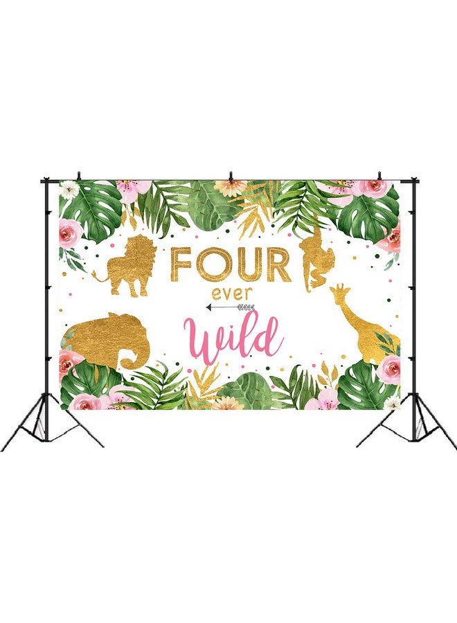Lofaris Girl Four Ever Wild Backdrop Safari Animals 4Th Birthday Background Jungle Floral Little Princess Birthday Party Decorations Cake Table Banner 5X3Ft - Image 3