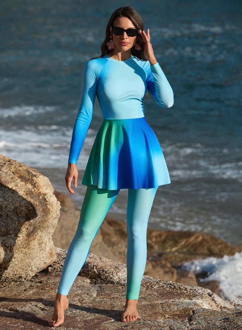 Women’s Light Blue Burkini Set – Slim Pants and Apron 
