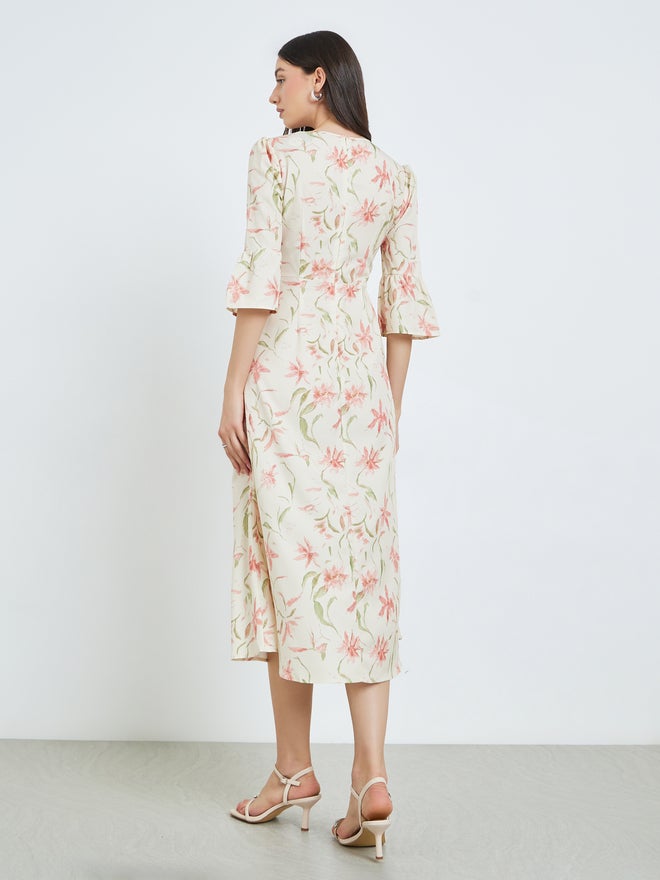 Take Two Beige Floral Print Midi Dress with 3/4 Sleeves - Image 5