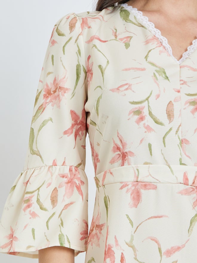 Take Two Beige Floral Print Midi Dress with 3/4 Sleeves - Image 4