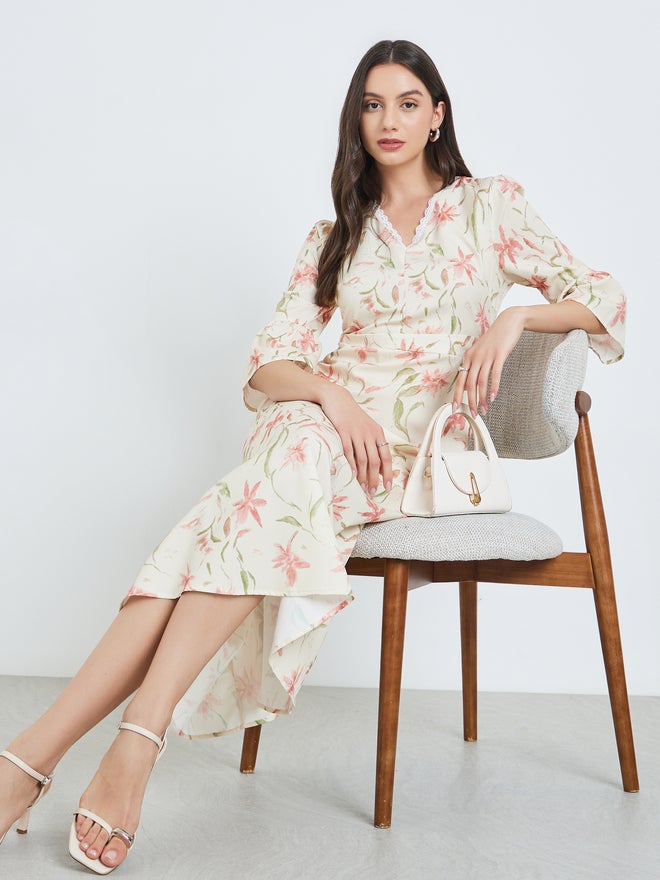 Take Two Beige Floral Print Midi Dress with 3/4 Sleeves - Image 1