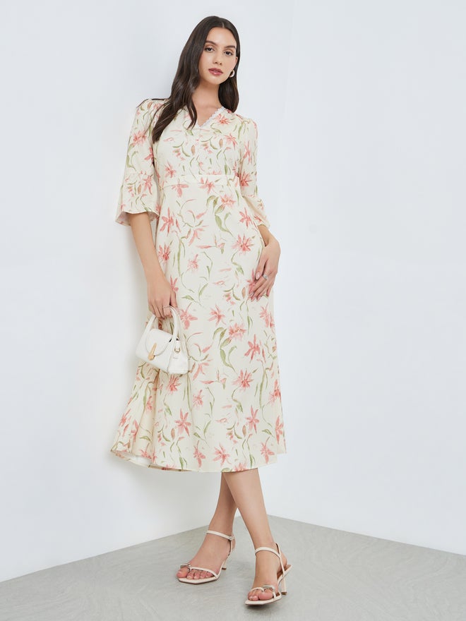 Take Two Beige Floral Print Midi Dress with 3/4 Sleeves - Image 2