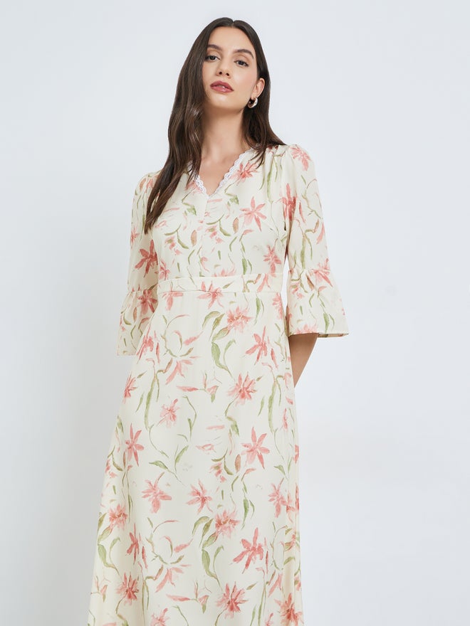 Take Two Beige Floral Print Midi Dress with 3/4 Sleeves - Image 3