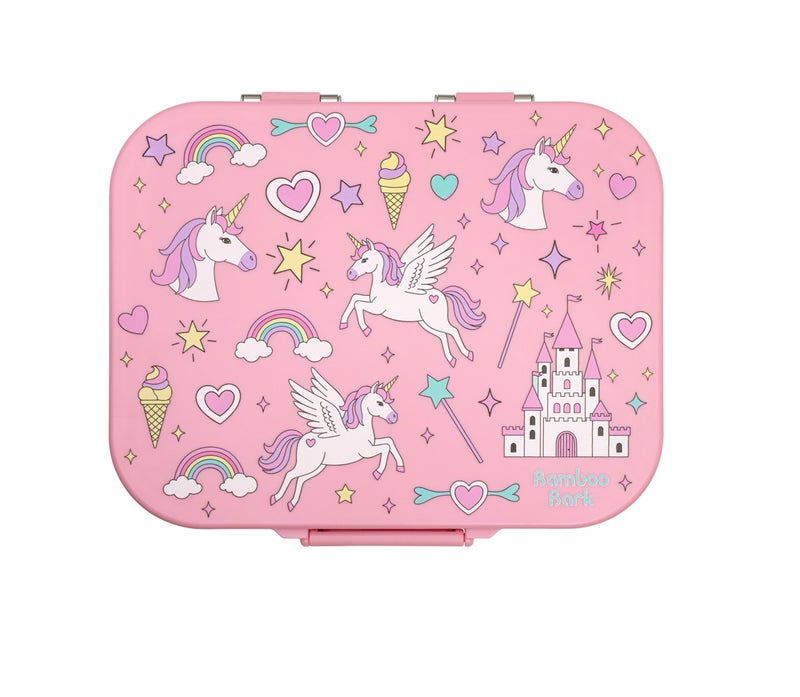 Bamboo Bark Stainless Steel Leak-Proof Bento Lunch Box for Kids, Girls & Boys – Multi-Compartment BPA-Free Lunch Box with PP Base, Unicorn Print, Perfect for School, Work & Travel