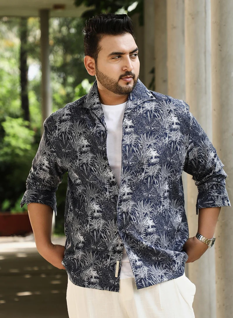 Instafab Plus Men's Navy Blue Foliage-Jacquard Button-Down Relaxed Shirt For Casual Wear | Point Collar | Long Sleeves | Button Closure | Plus Size Shirt Crafted With Comfort Fit For Everyday Wear