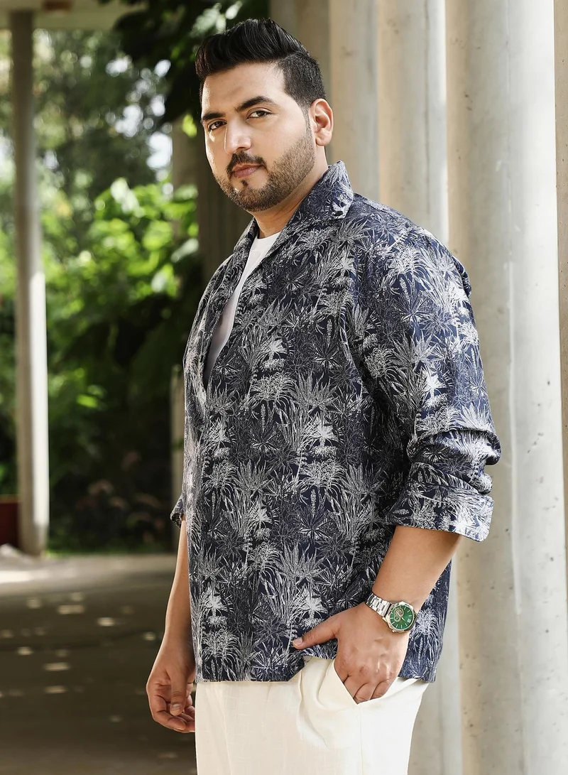 Instafab Plus  Men's Navy Blue Foliage-Jacquard Button-Down Relaxed Shirt For Casual Wear | Point Collar | Long Sleeves | Button Closure | Plus Size Shirt Crafted With Comfort Fit For Everyday Wear for Men | Best Price UAE