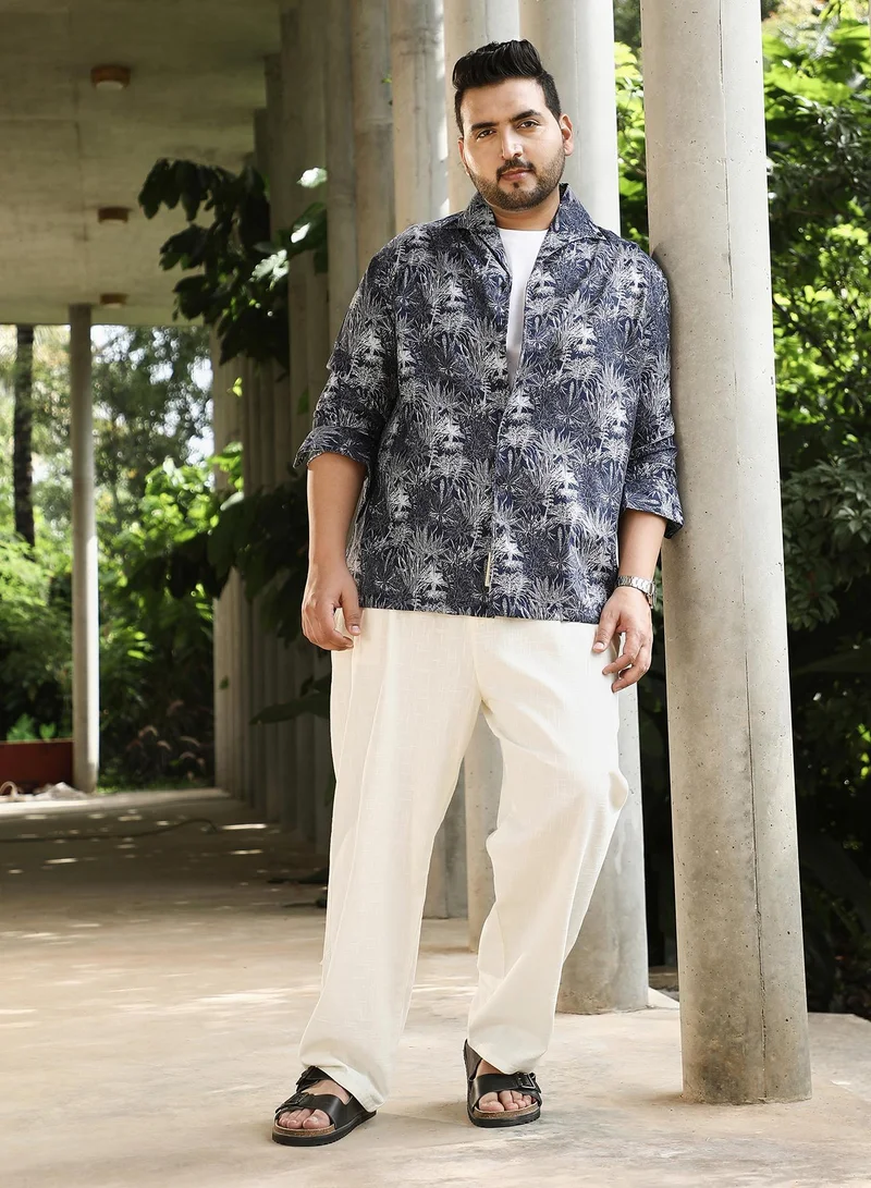 Instafab Plus  Men's Navy Blue Foliage-Jacquard Button-Down Relaxed Shirt For Casual Wear | Point Collar | Long Sleeves | Button Closure | Plus Size Shirt Crafted With Comfort Fit For Everyday Wear for Men | Best Price UAE