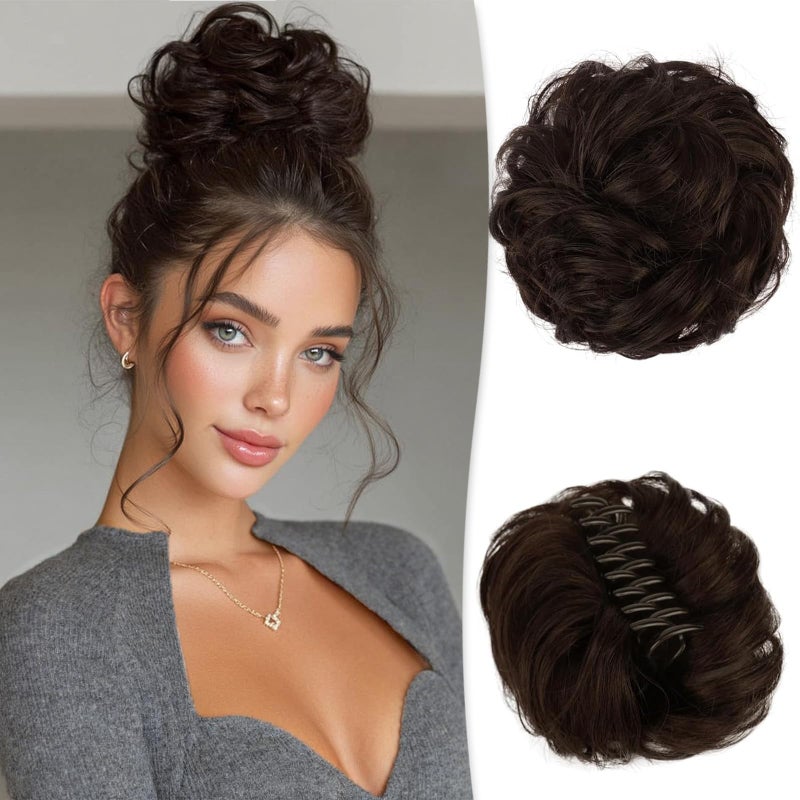 RUWISS Claw Clip Messy Bun Hair Piece 100 Real Human Hair Buns Wavy Curly Chignon Hair Bun Extensions Tousled Updo Hair Buns Claw Clip Ponytail HairpiecesDark Brown with 15 Dark Cocoa Blonde - Image 2