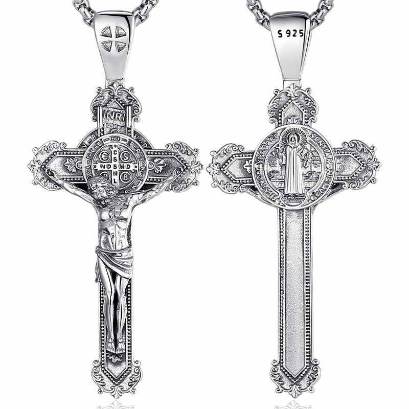 AEONSLOVE St Benedict Crucifix Necklace Men Women Sterling Silver Cruz de San Benito Plata 925 Saint Benedict Crucifix Pendant Jesus Cross Necklaces Crucifijo de Plata Catholic Amulet Jewelry Gifts - Image 1