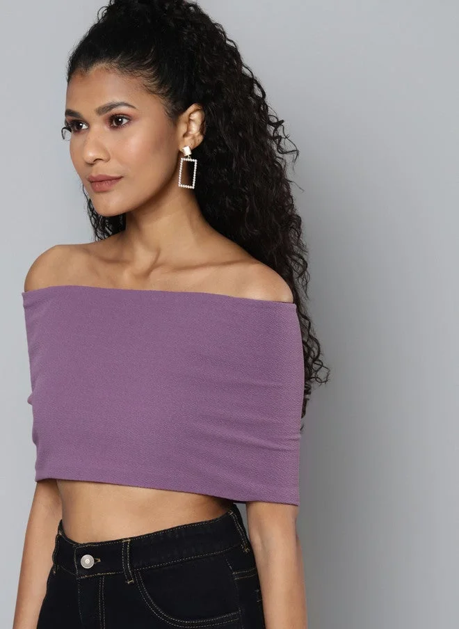 SASSAFRAS Lavender Off-Shoulder Bardot Layer Crop Top for Women