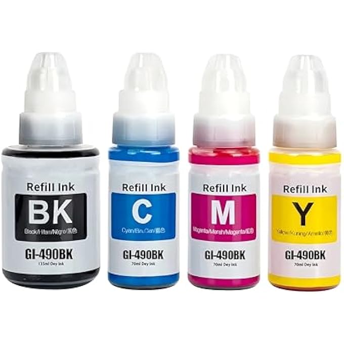 INK FOR CANON 490 (4-PACK BLACK CYAN MAGENTA YELLOW) INK FOR GI 490 FOR PIXMA G3400 G2400 G1400 G4400 G1411 G2411 G3411 G4411 G4410 G3410