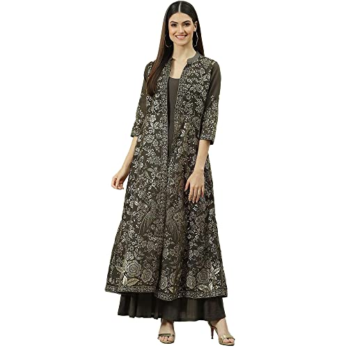 Biba Women's Charcoal Art Silk with Cape Printed Knee-Length Dress - Image 1