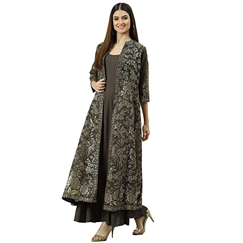 Biba Women's Charcoal Art Silk with Cape Printed Knee-Length Dress - Image 3