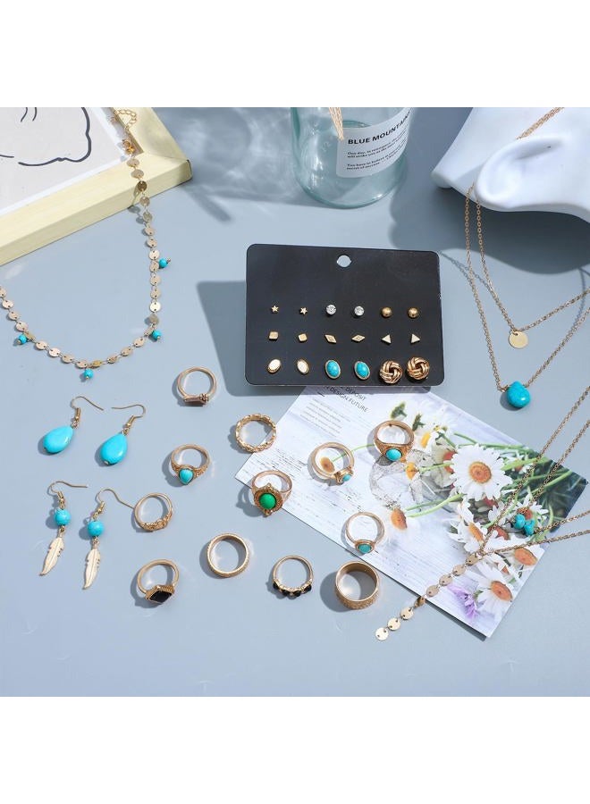 NEWITIN 54 Pieces Gold Bohemian Jewelry Set for Women Fashion Costume Jewels Turquoise Necklace Bracelet Ring Earrings Western Turquoise Jewelry Set for Women - Image 3