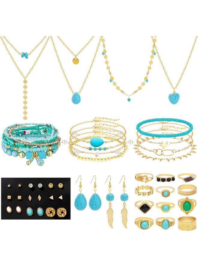 NEWITIN 54 Pieces Gold Bohemian Jewelry Set for Women Fashion Costume Jewels Turquoise Necklace Bracelet Ring Earrings Western Turquoise Jewelry Set for Women - Image 1